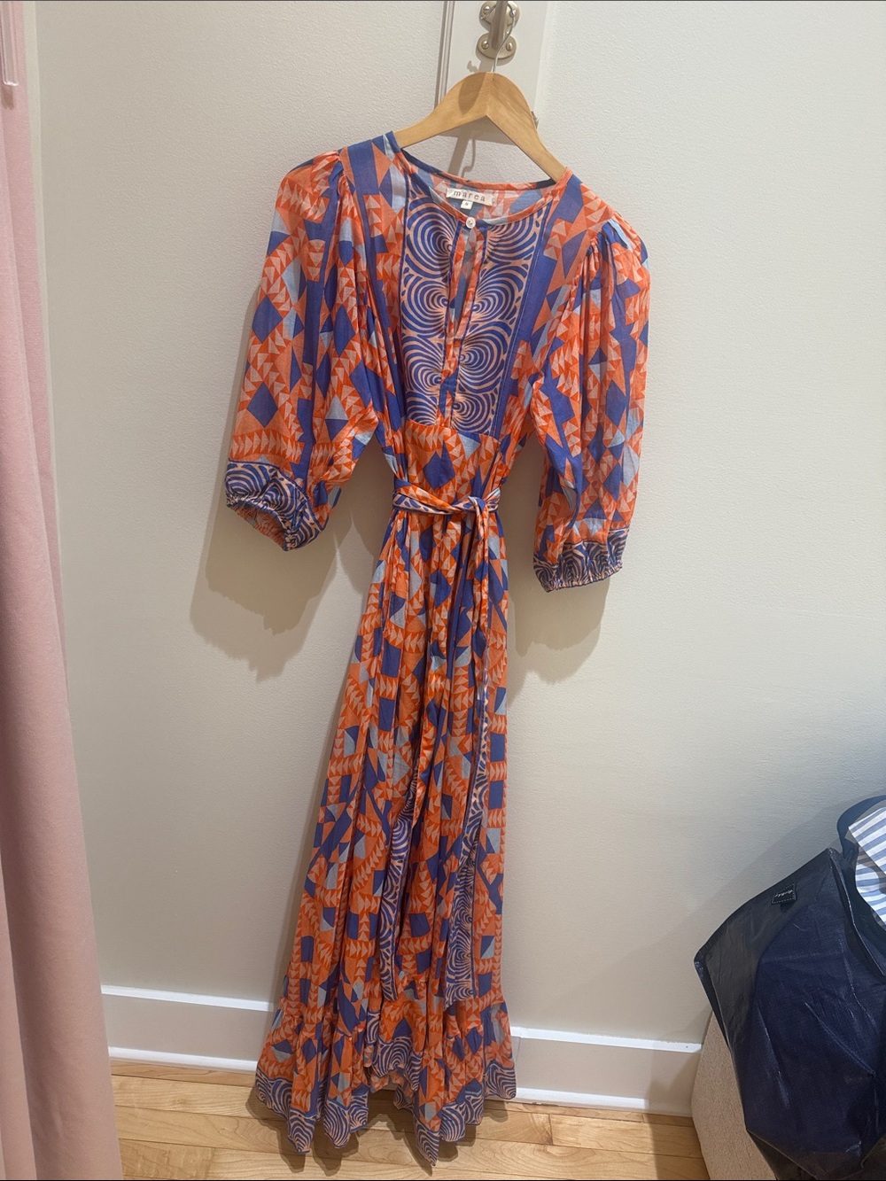Geometric Orange & Blue Printed Maxi Dress with Tie Waist